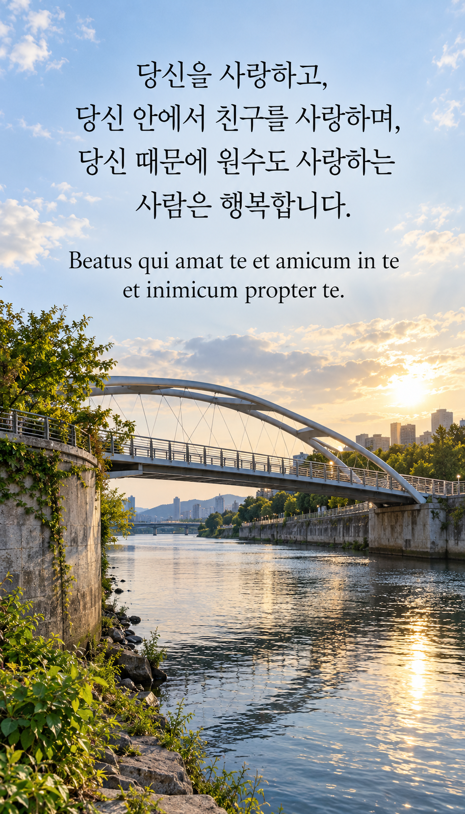 당신을 사랑하고, 당신 안에서 친구를 사랑하며, 당신 때문에 원수도 사랑하는 사람은 행복합니다. — 현대의 두 강둑을 잇는 보행교, 사실적인 현대 사진·플래시 스냅샷