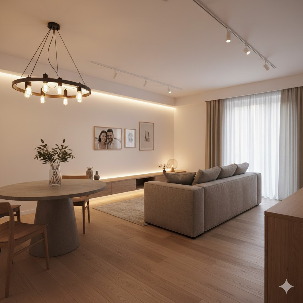 매립등과 간접 조명으로 은은하게 밝혀진 거실의 모습입니다. 비용 효율적인 조명 인테리어가 공간의 감성을 어떻게 높일 수 있는지를 시각적으로 보여주는 이미지