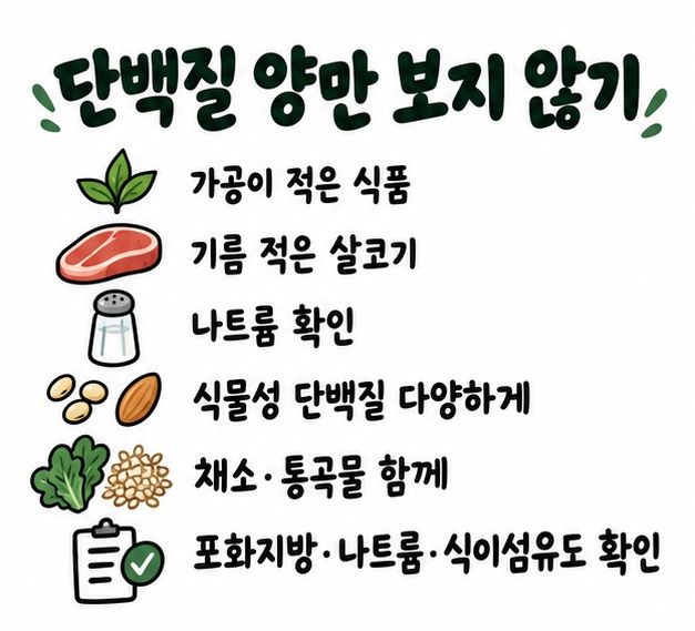 가공이 적은 식품과 살코기, 나트륨, 식물성 단백질 다양성, 채소와 통곡물을 함께 확인하는 체크리스트 카드