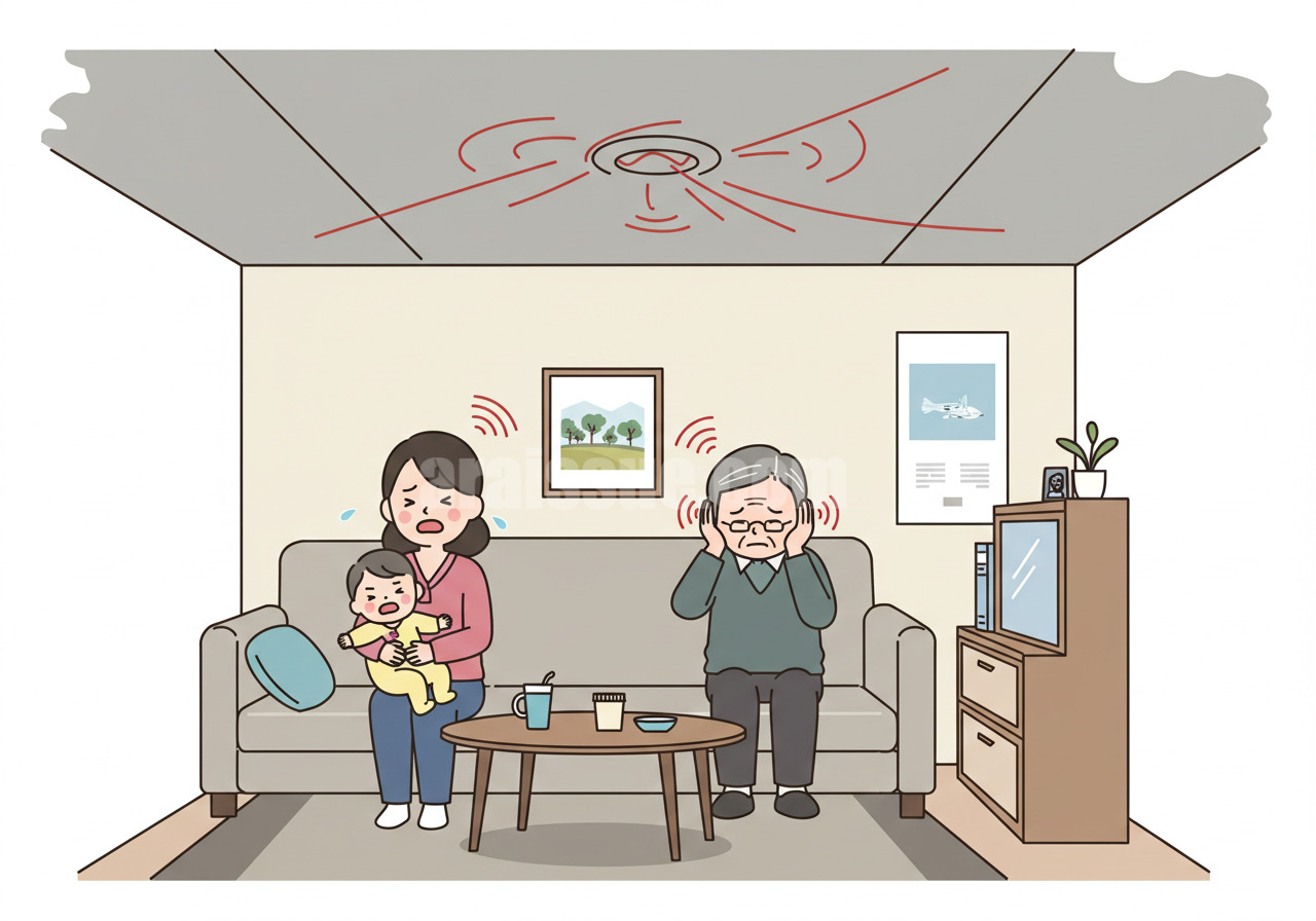 아랫집에서 아기를 안고 있는 어머니와 귀를 막은 노인이 층간소음에 지쳐 힘들어하는 장면