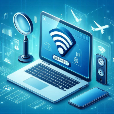 디지털 장비와 함께 비행기와 연결된 Wi-Fi 신호 이미지