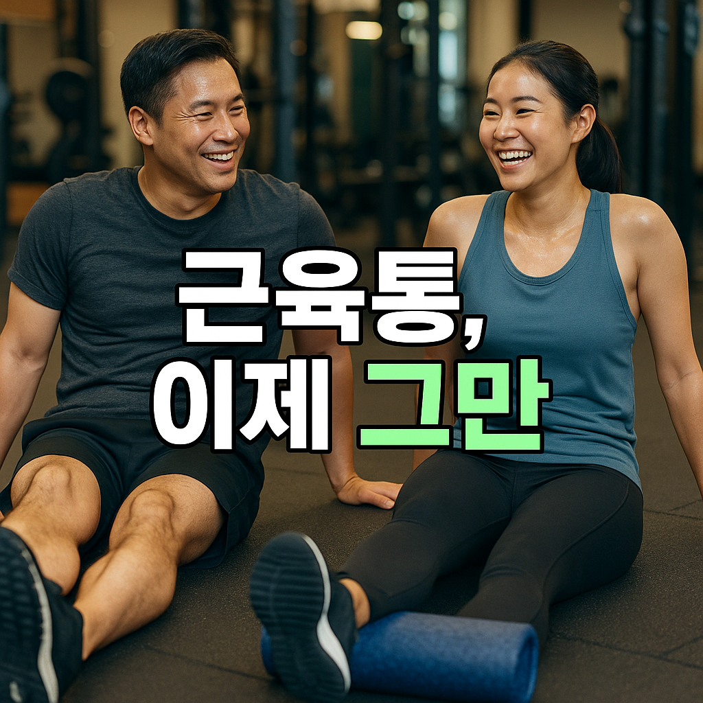 운동 후 폼롤러로 근육을 마사지하며 웃는 남녀