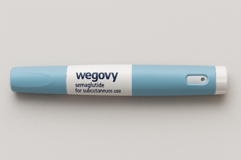 Wegovy 주사제가 평평한 배경 위에 놓여 있는 클로즈업 이미지