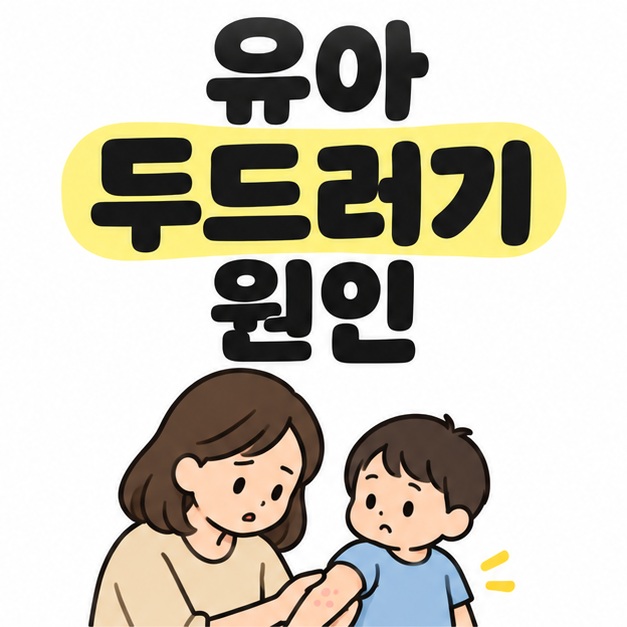 유아 두드러기 원인 제목 아래 보호자가 아이 팔의 옅은 분홍색 피부 표시를 살펴보는 대표 이미지