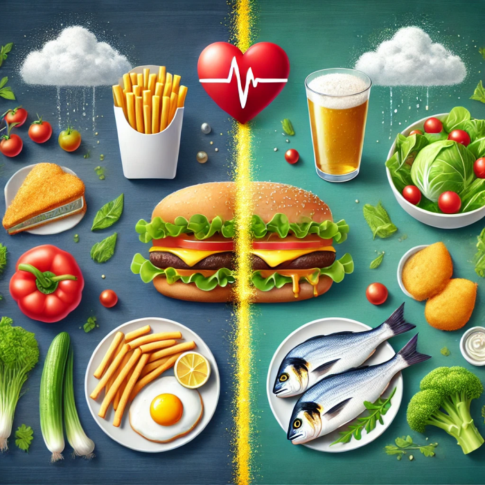 기름진 음식과 건강한 음식을 비교하는 이미지