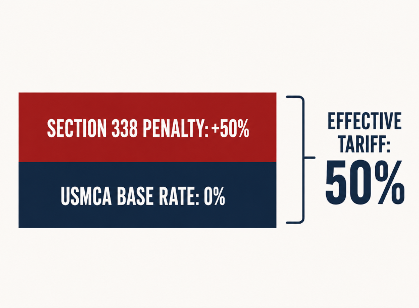 Stacked bar chart showing the addition of a 50 percent Section 338 duty on top of a zero percent USMCA base tariff rate.