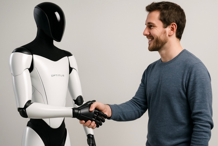 테슬라 옵티머스 로봇과 사람이 악수하고 있는 모습