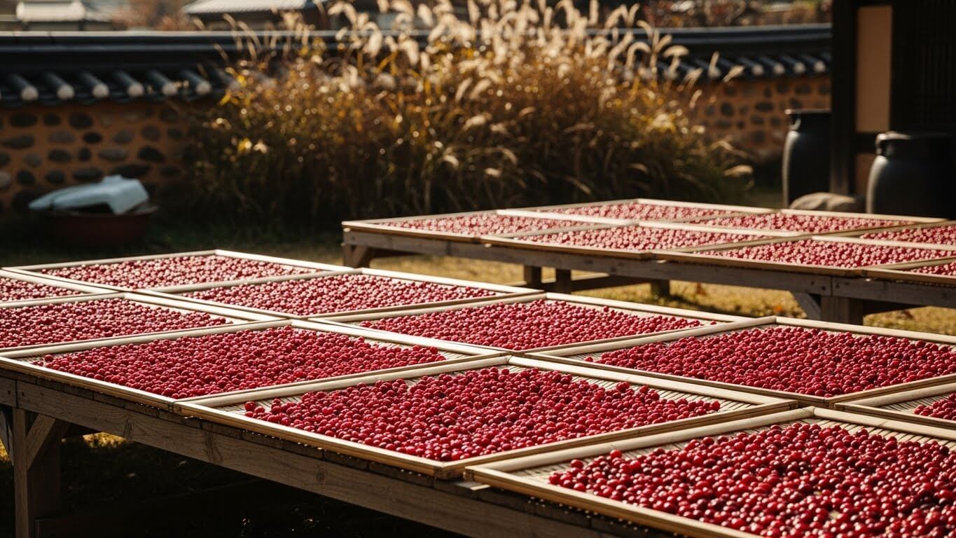 시골 농가 마당에서 채반에 펼쳐 햇볕에 말리는 산수유 열매