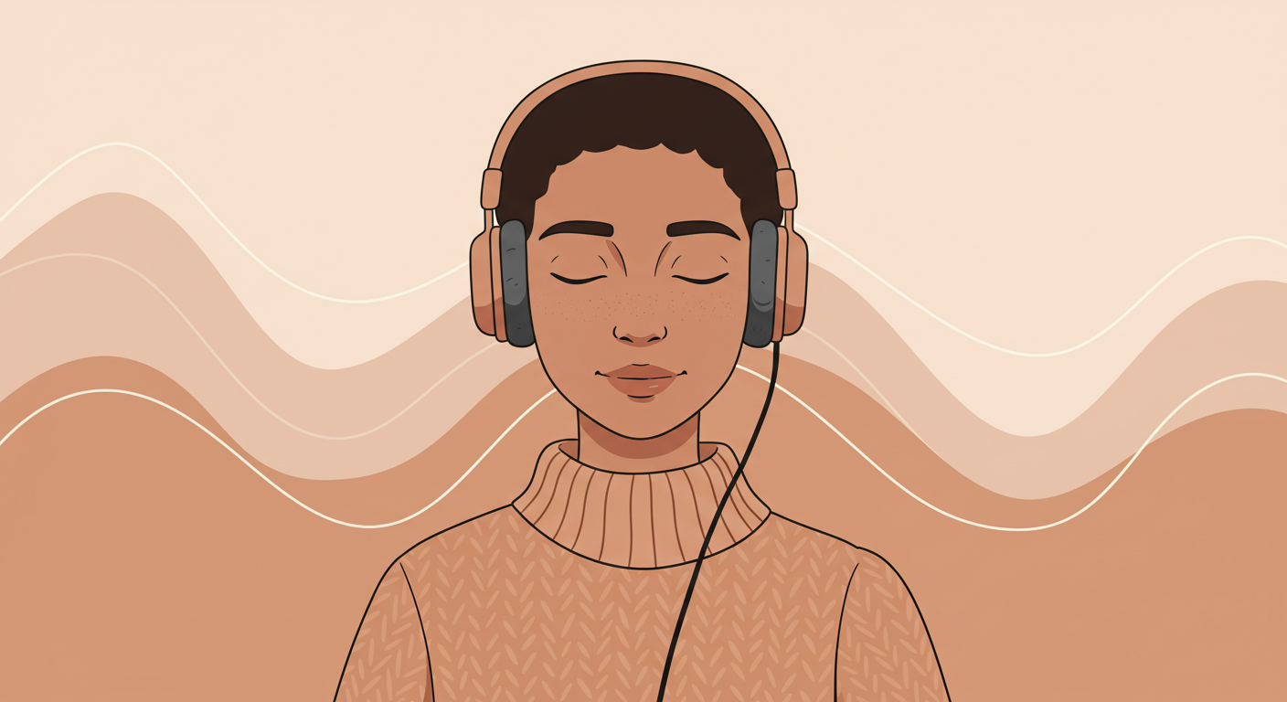 행복하고 평화로운 표정의 사람이 헤드폰으로 음악을 듣는 모습