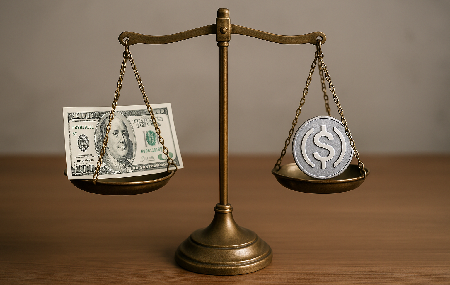 저울에 한쪽 접시에는 달러를 다른 한쪽에는 스테이블코인을 담고 서로 균형이 잡힌 상태를 표현한 이미지입니다.