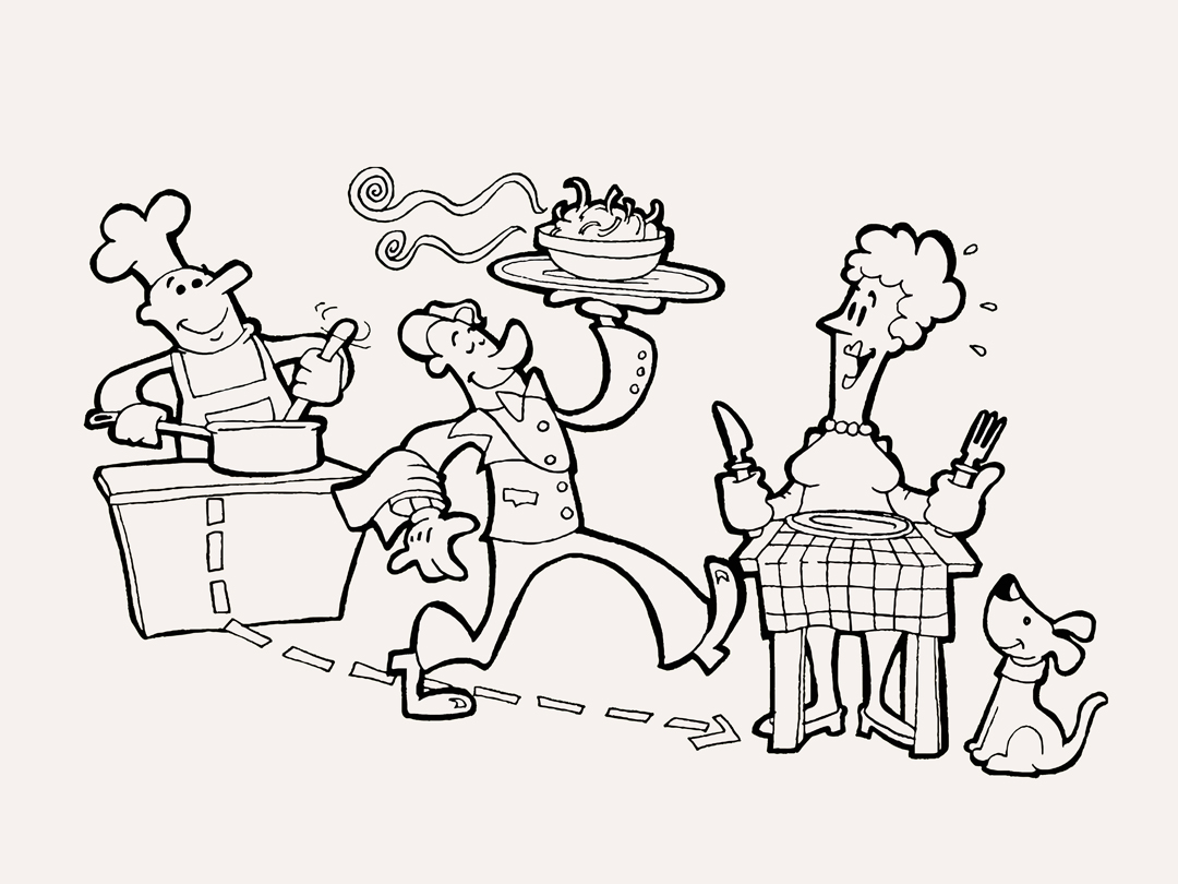 요리사 웨이터 손님 강아지 일러스트 무료 이미지 다운로드