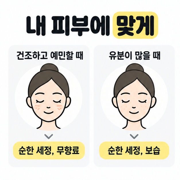 건조하고 예민한 피부는 순한 세정과 무향료, 유분이 많은 피부는 순한 세정과 보습을 기준으로 비교한 이미지