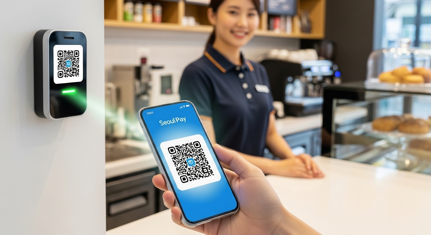 손목닥터9988 포인트로 전환된 서울페이를 QR코드 스캔을 통해 결제하는 모습