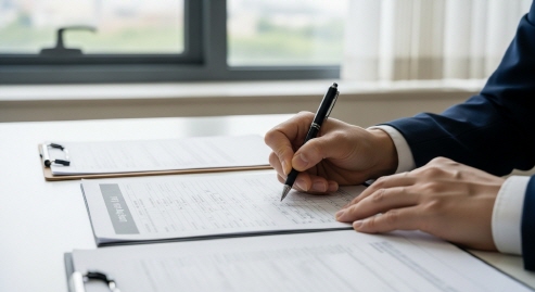 장기요양등급 서류 작성하는 손