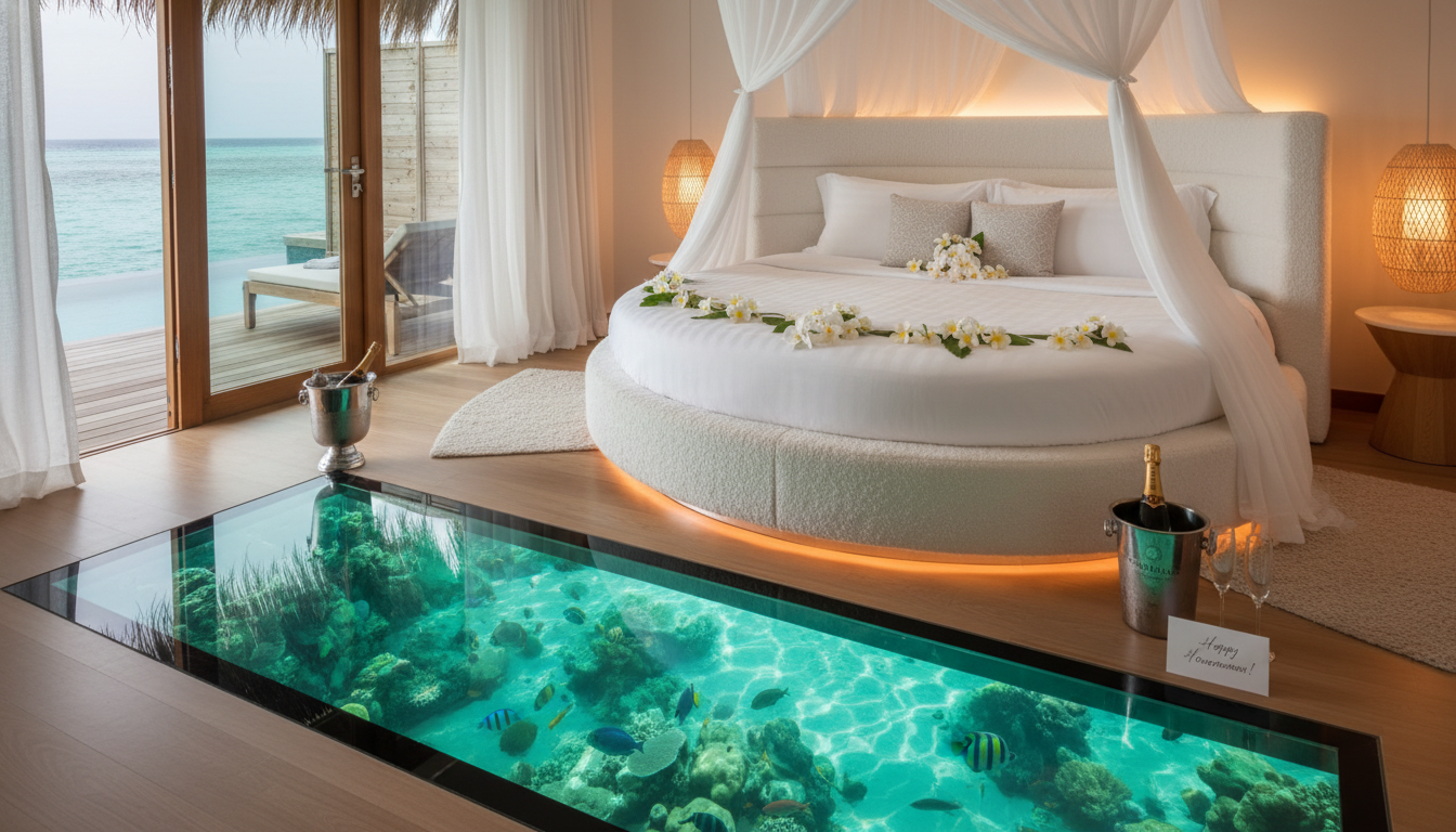 투명한 유리 바닥과 고급스러운 인테리어가 돋보이는 몰디브 신혼여행 풀빌라 내부 객실 사진
