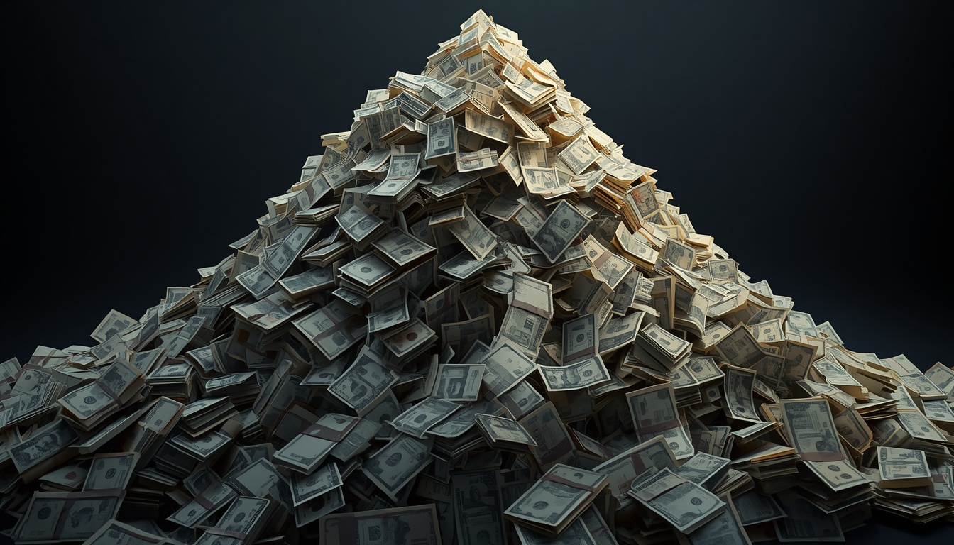 A massive mountain of government bond papers crushing a map of Japan, representing debt crisis.