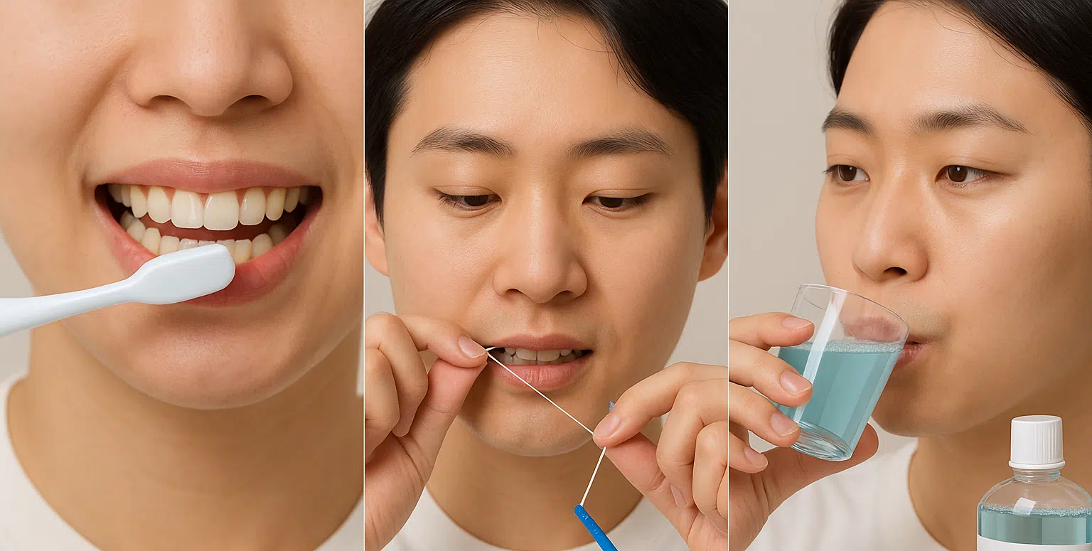 부드러운 칫솔로 잇몸을 아래에서 위로 닦는 장면, 치실·치간칫솔·무알콜 구강세정제를 사용하는 모습