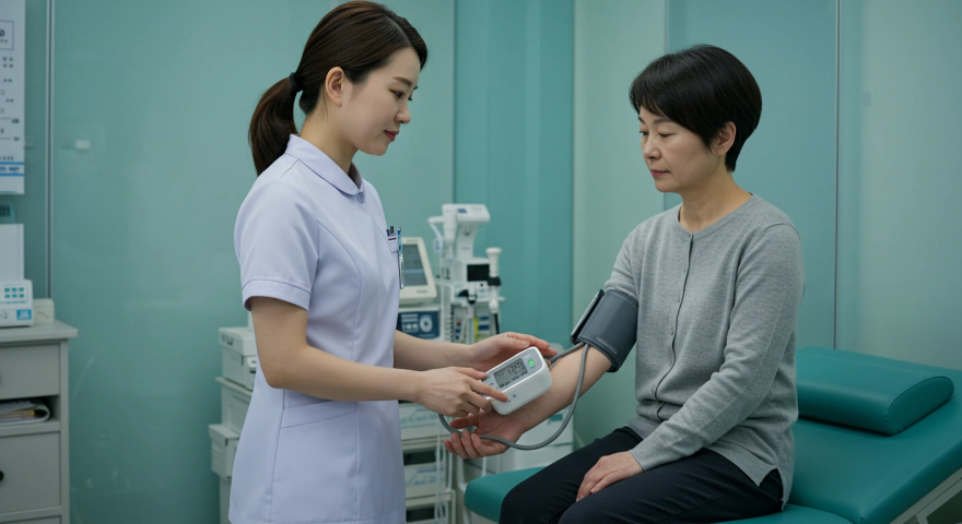 한국인 간호사가 환자의 혈압을 디지털 혈압계로 측정하는 모습
