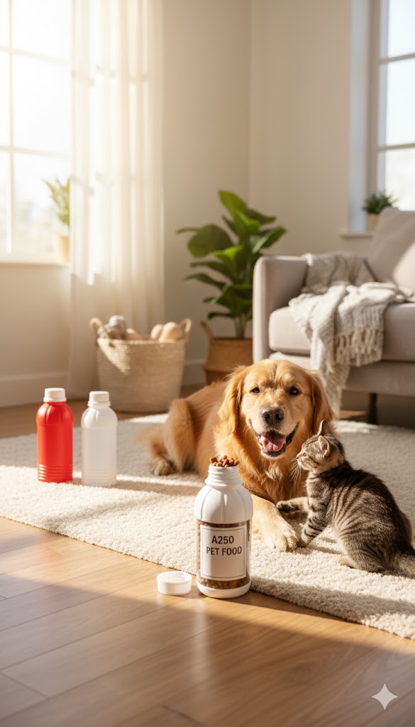 따스한 햇살이 비치는 거실, 반려견과 반려묘가 A250 PET FOOD 라벨이 붙은 삼양플라스틱 A250 용기 옆에서 편안하게 쉬고 있는 모습. 다채로운 A250 용기들이 일상 속에 자연스럽게 어우러져 있습니다