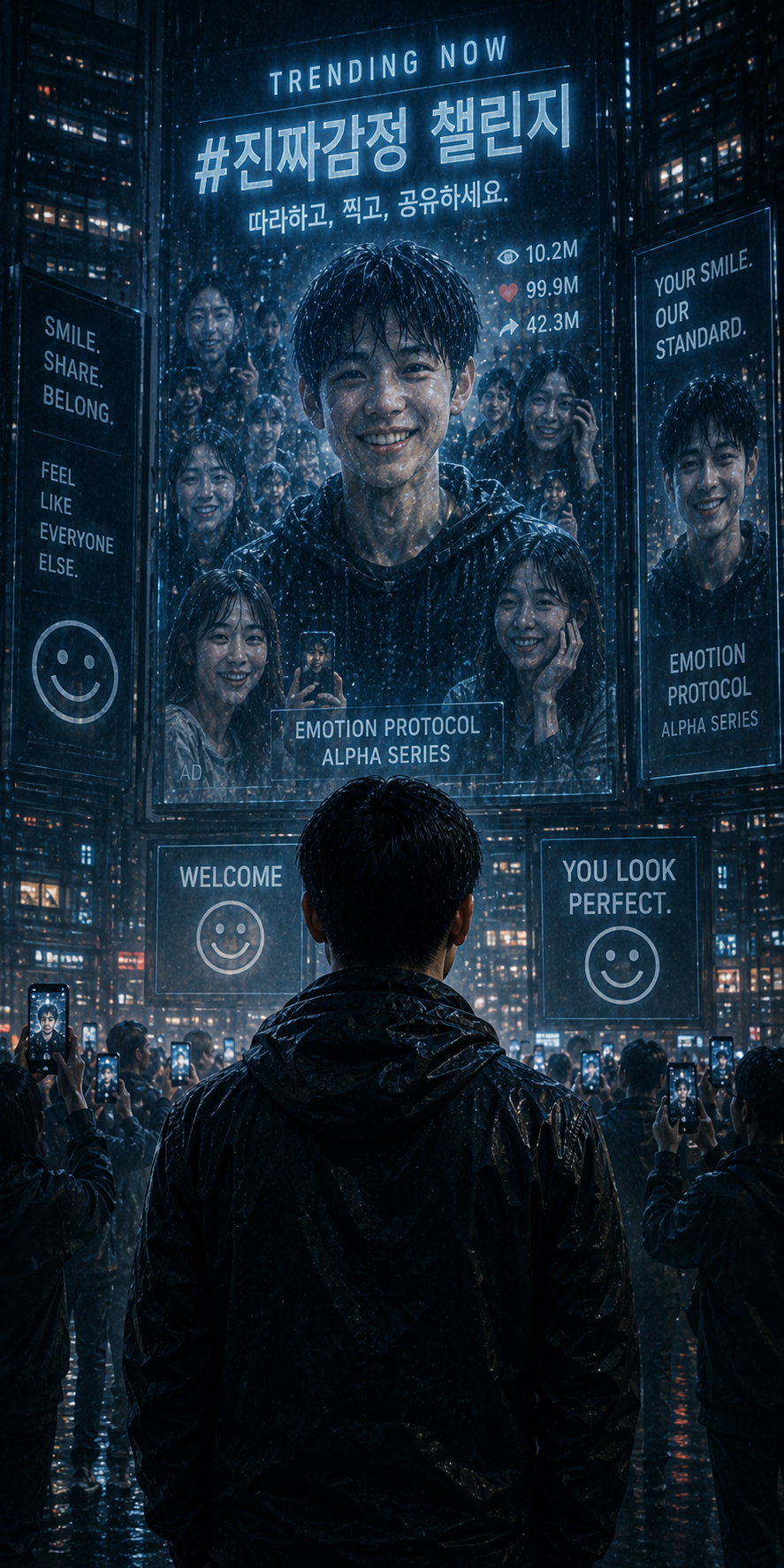 A cyberpunk dystopian city where artificial smiles become a social protocol &mdash; people imitate viral emotions under surveillance in a rain-soaked future society.