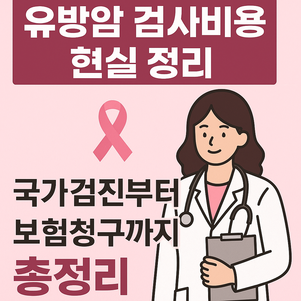"유방암 검사비용 현실 정리 썸네일 이미지 - 분홍색 배경 위에 '유방암 검사비용 현실 정리! 국가검진부터 보험청구까지 총정리' 문구와 분홍 리본, 여성 의사 일러스트가 포함된 디자인"