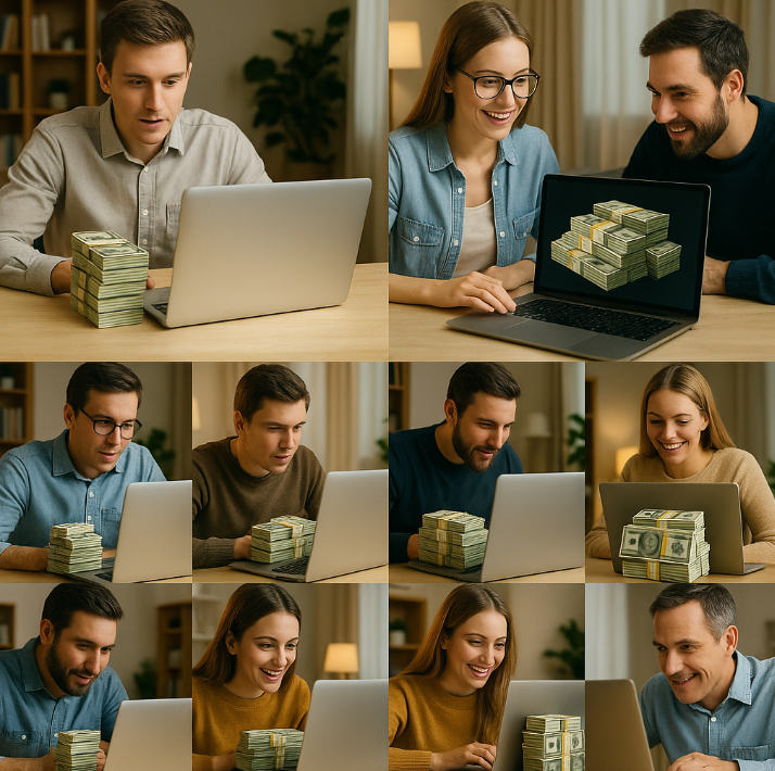 직장인들이 컴퓨터로 돈을 보고 있는 사진