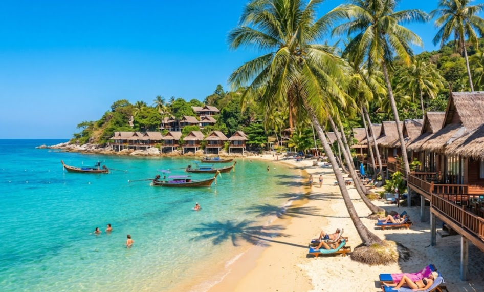 태국 푸켓의 맑은 바다와 해변 리조트 풍경