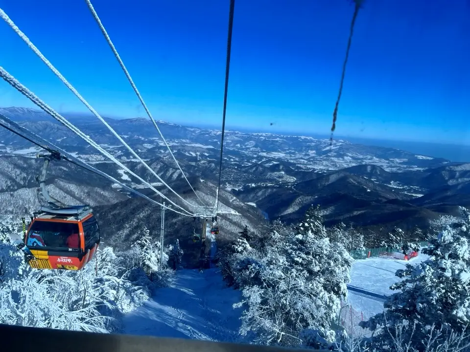 발왕산-올라가는-케이블카-하얀눈이-소복한-산