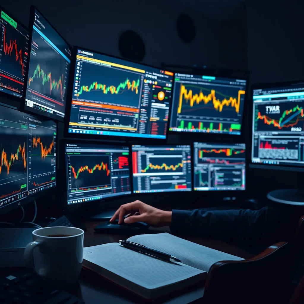 여러 개의 모니터가 있는 책상 위를 보여줍니다. 각 모니터에는 가상화폐 차트, 뉴스 피드, 거래소 화면 등 다양한 정보가 띄워져 있고, 손이 마우스나 키보드를 조작하는 모습이 보입니다. 배경은 약간 어두운 조명 아래, 스크린에서 나오는 빛이 강조되도록 하여 집중하는 분위기를 연출합니다. 커피잔, 노트 등 일상적인 소품을 추가해도 좋습니다.