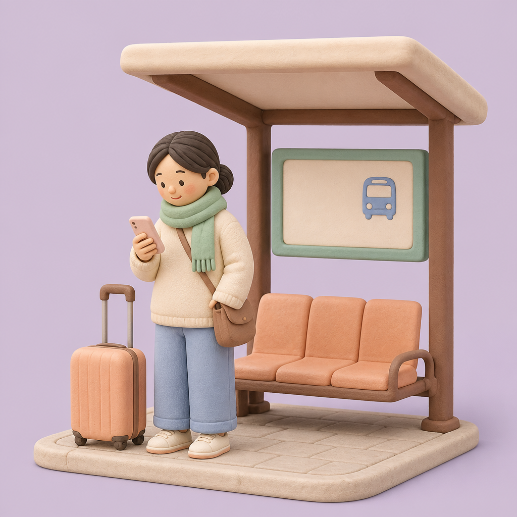 공항 렌터카 셔틀 정류장 앞에서 휴대폰을 보는 여행객