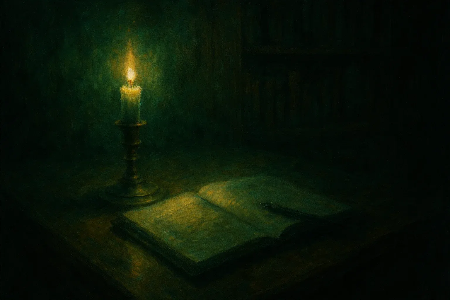 고서와 펜이 놓인 고요한 어두운 서재, 촛불빛이 책을 비추는 장면