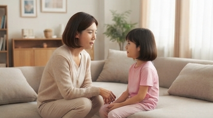눈높이를 맞추고 딸에게 사과하는 장면