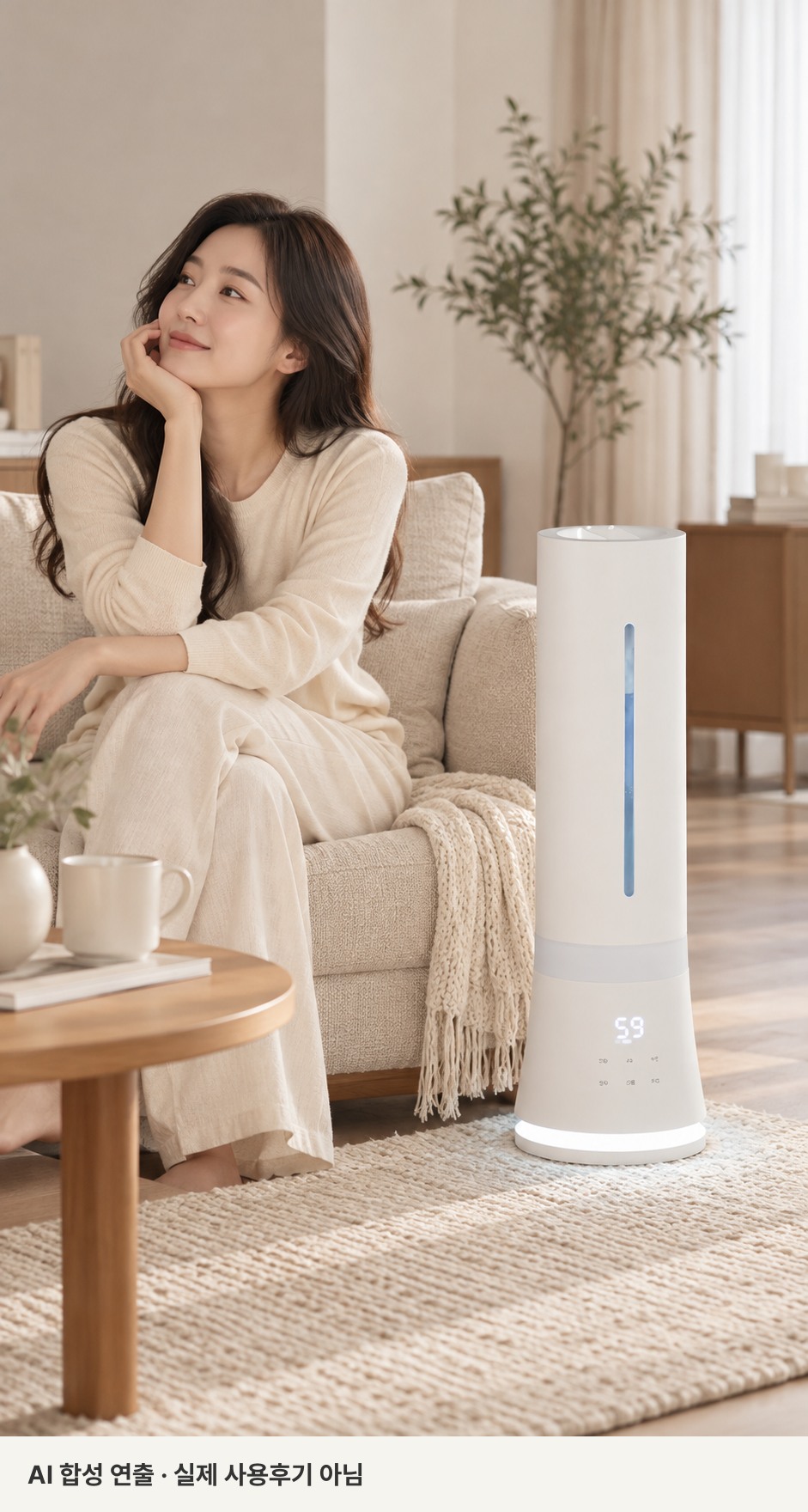 바닥에 세워진 가습기 근처에 가상의 성인 여성이 앉아 있는 AI 합성 연출 이미지