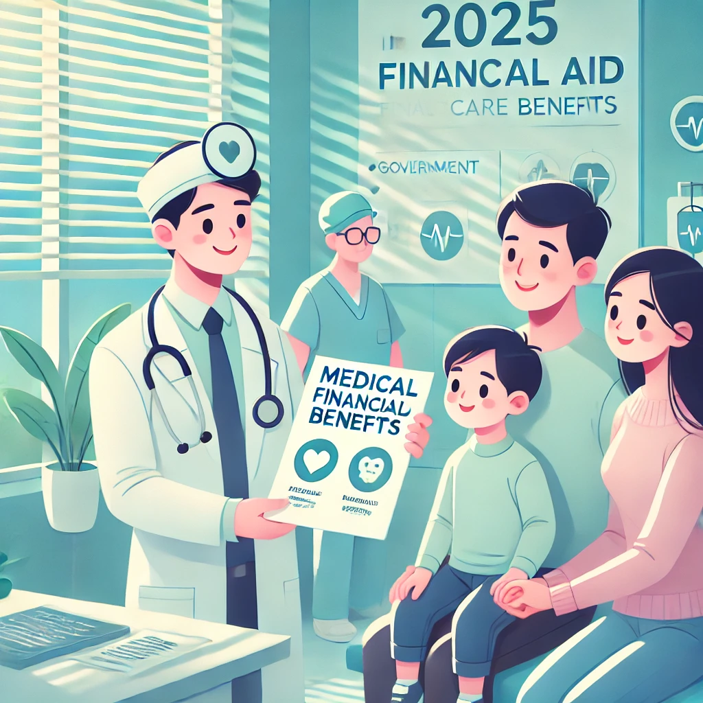 병원비를 줄일 수 있는 정부 의료 지원 혜택을 설명하는 의사와 그것을 듣고 있는 가족의 모습을 담은 일러스트
