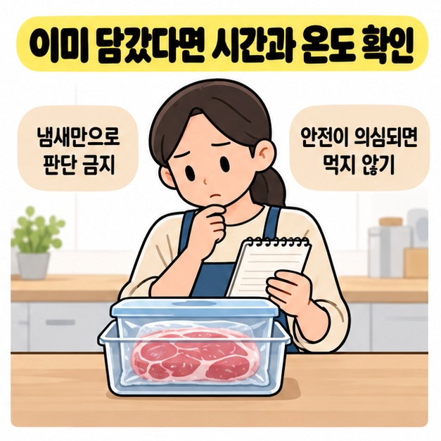 이미 담갔다면 시간과 온도를 확인하라는 안내 아래 여성이 용기에 담긴 밀봉 고기와 메모를 살펴보는 모습