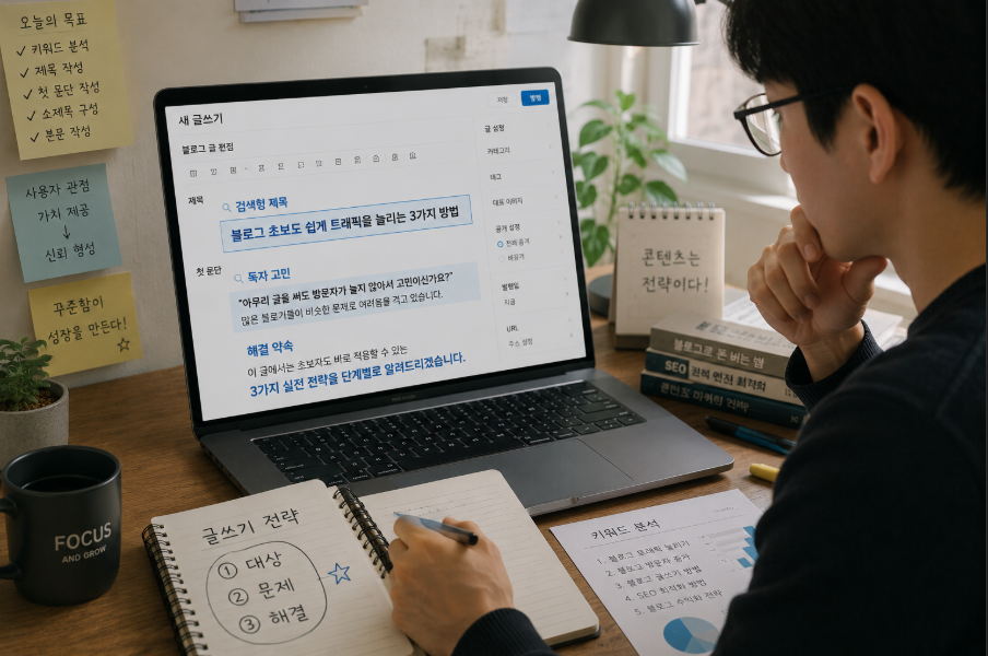 티스토리 블로그 글 제목과 첫 문단을 검색형 구조로 수정하는 장면