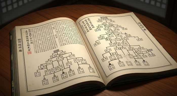 오래된 족보가 펼쳐져 있는 모습, 경주 최씨 가문의 역사를 상징