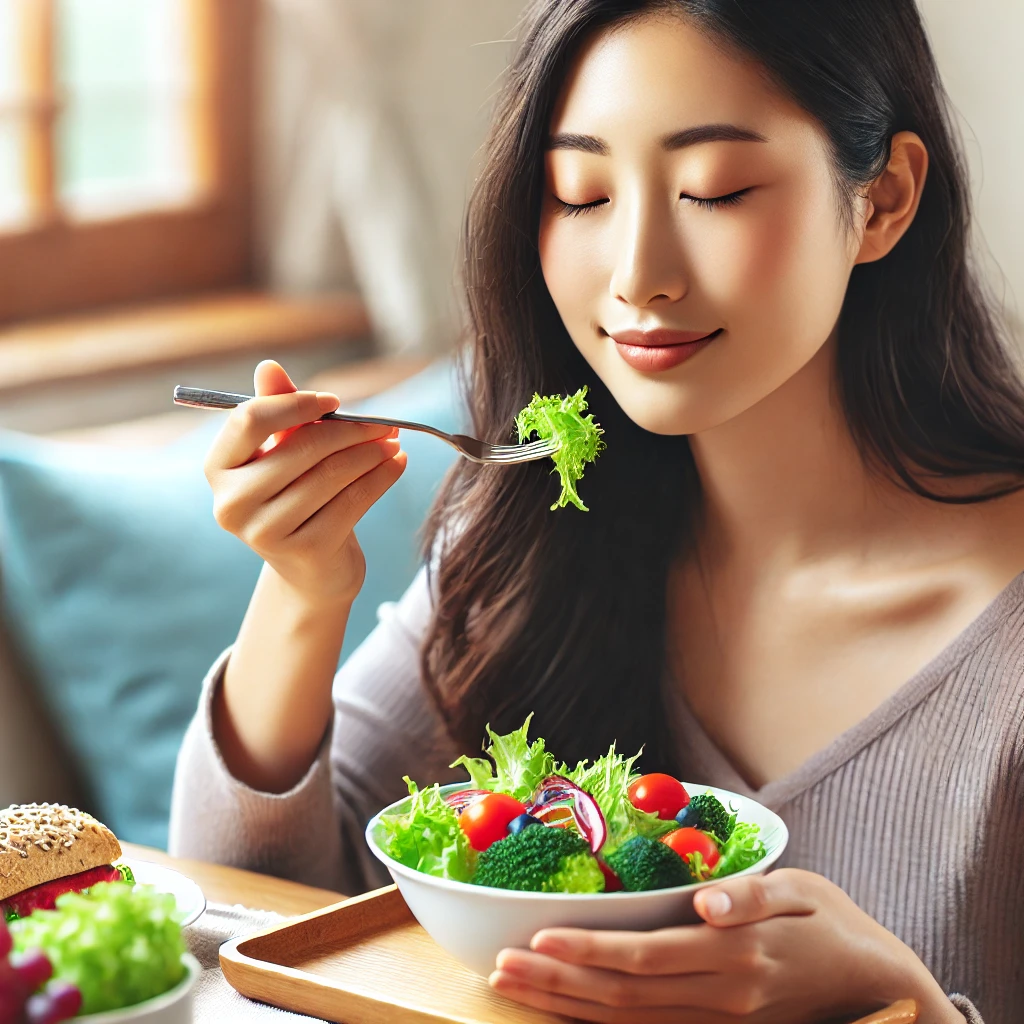 Mindful eating (a woman mindfully enjoying her salad)