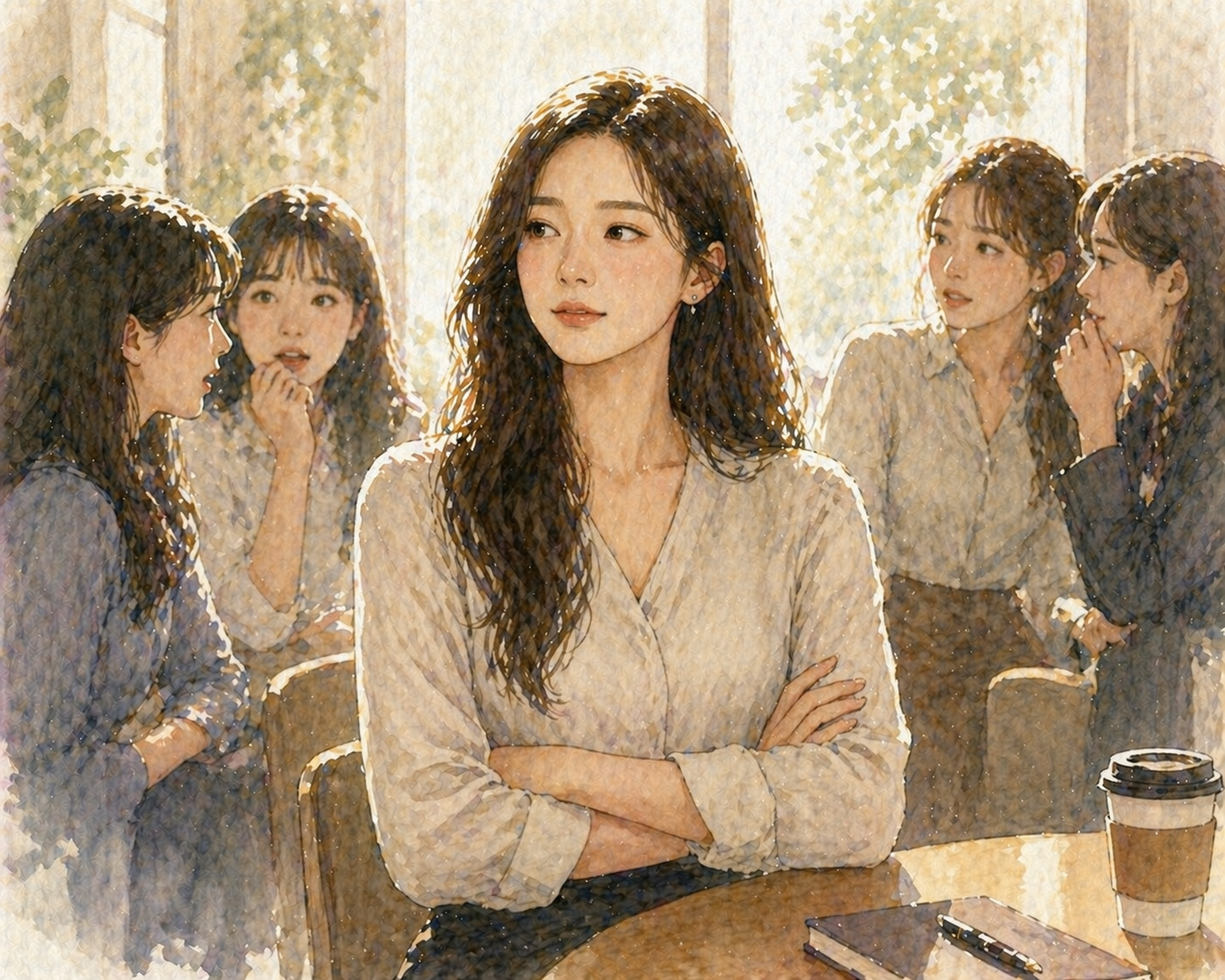"차분하고 단정한 정장 차림의 여성이 허리를 곧게 펴고 단단한 자세로 앉아 정면을 응시하고 있는 수채화 일러스트. 그녀의 표정에는 억지 웃음이 없지만 깊은 평온함과 확신이 서려 있으며, 그녀 주위의 공기가 밀도 있게 응축되어 함부로 다가갈 수 없는 심리적 위엄과 존재감을 상징함."