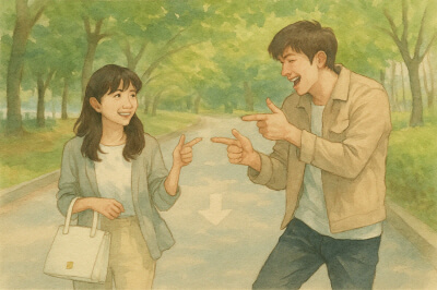 멜로가 체질 드라마 주인공들이 나무가 늘어선 길을 걷고 있는 두 사람이 서로에게 미소를 지으며 장난스럽게 손가락총을 겨누고 있는 모습.