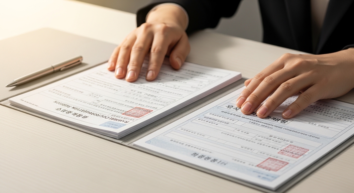 다자녀 수도요금 감면 신청을 위한 주민등록등본과 가족관계증명서 등 서류를 꼼꼼히 정리하는 모습