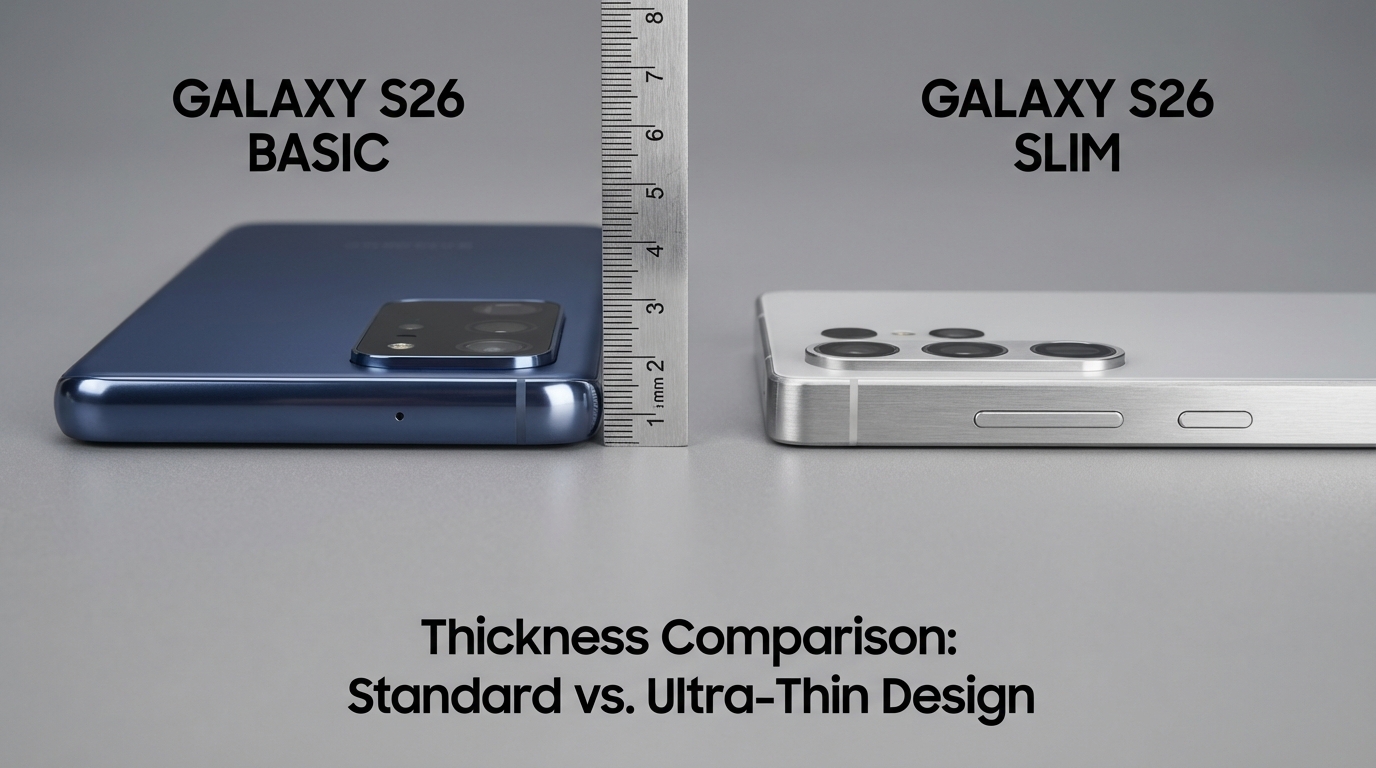 갤럭시 S26 기본 모델과 슬림 모델의 두께 및 디자인 차이를 보여주는 비교 이미지