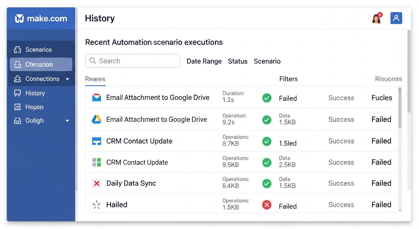 Make(메이크) 플랫폼에서 자동화 시나리오 실행 이력을 모니터링하는 화면