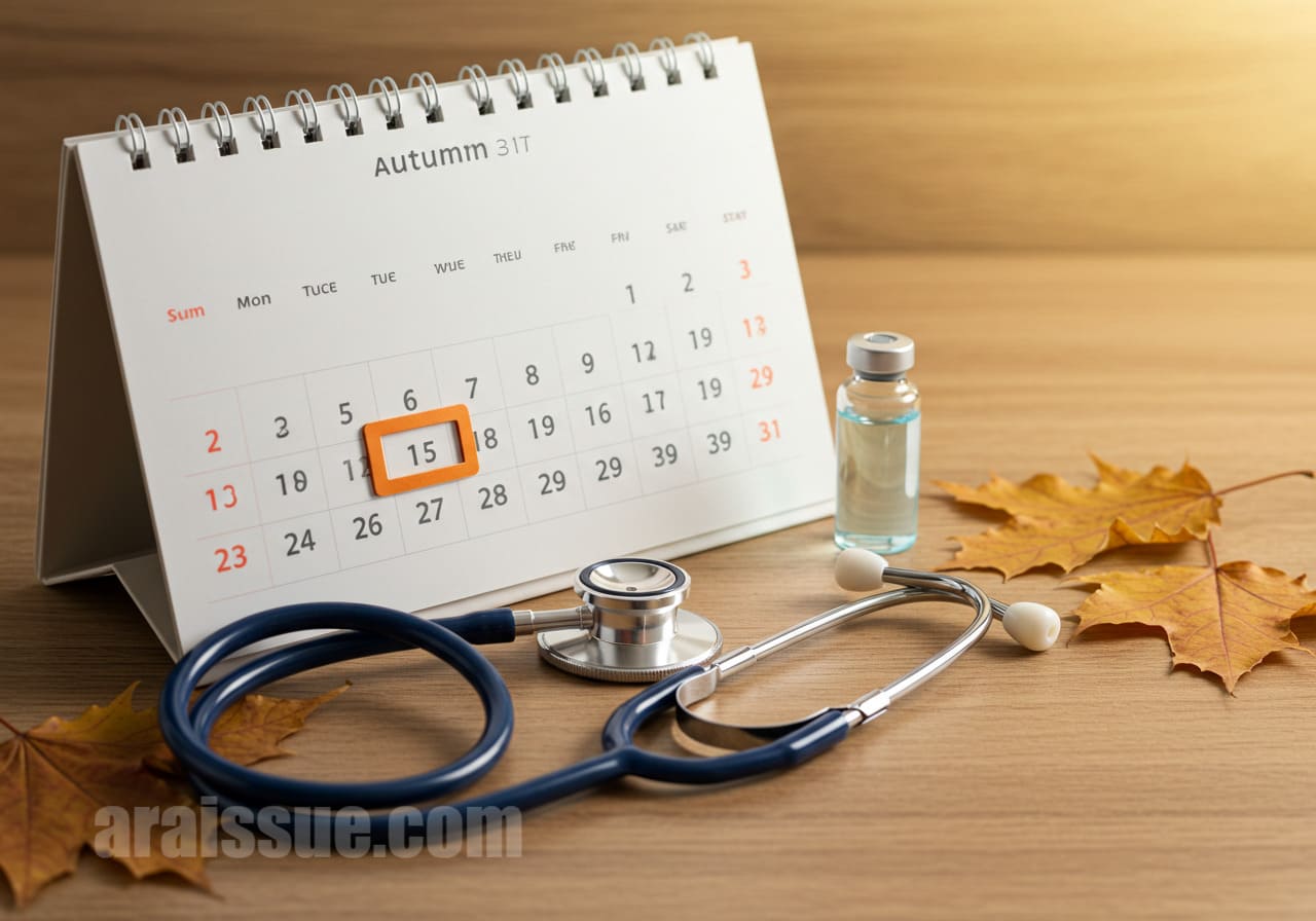백신 접종 시기를 나타내는 달력이 테이블 위에 펼쳐져 있고, 그 옆에 청진기와 백신 병이 놓여 있는 가을 분위기의 조명 이미지입니다.