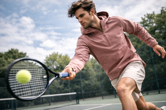 애슬레저 룩에 적용된 고기능성 더스티 핑크 테크니컬 웨어 착용 모습.