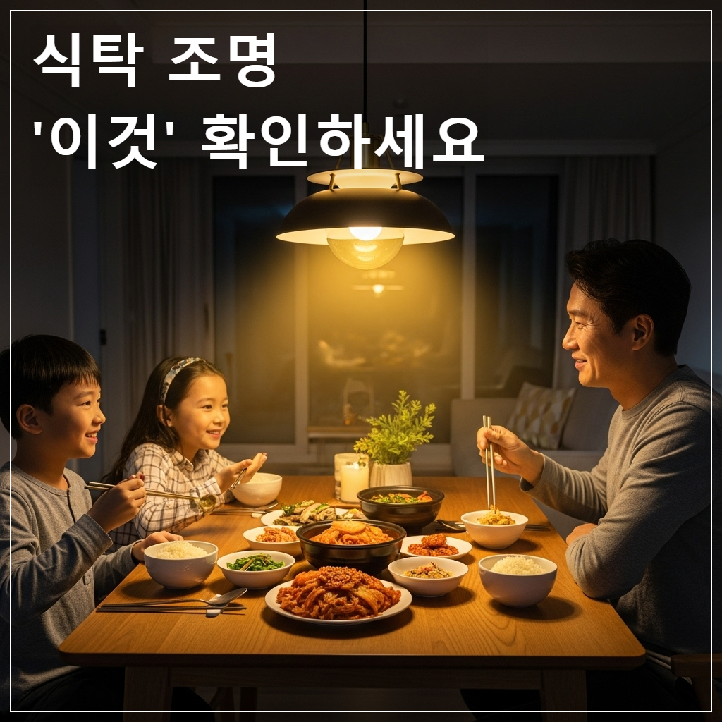 은은한 전구색 펜던트 조명이 비추는 한국식 아파트 원목 식탁 위에 정갈한 한식이 차려져 있어 음식이 매우 맛있어 보이는 따뜻한 저녁 식사 풍경