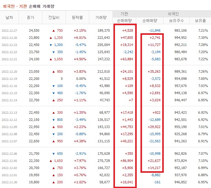 레이 11월 ~ 12월 외국인 기관 순매수