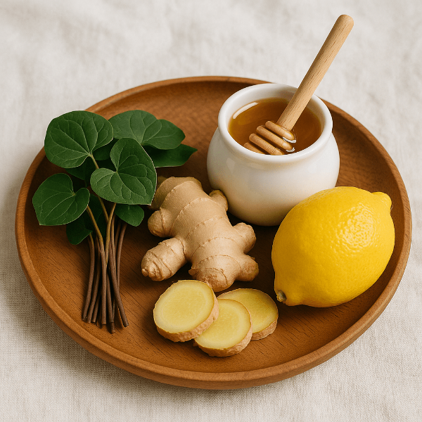 애사비와 다양한 건강 식품(생강, 레몬, 꿀)이 함께 놓인 나무 접시