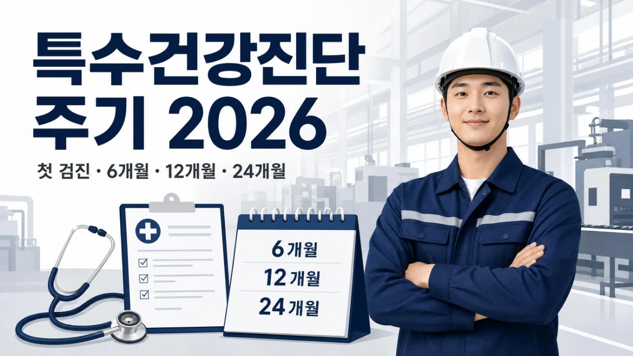 산업현장 근로자의 특수건강진단 첫 검진과 6개월 12개월 24개월 주기를 설명하는 이미지