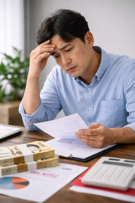 채무 연체와 생활비 고민으로 힘들어하는 무직자 이미지